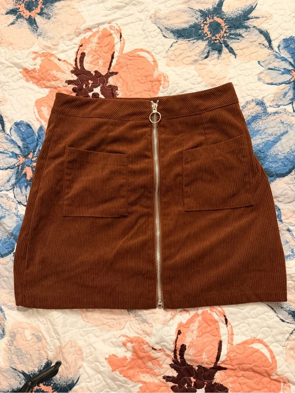 Brown Corduroy Front-Zip Mini Skirt